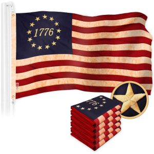 G128 5 Pack: Betsy Ross 1776 Tea-Stained Flag | 1x1.5 Ft | ToughWeave Pro Series Embroidered 420D Polyester | Historical Flag, Embroidered Design, Indoor/Outdoor, Brass Grommets, High Quality