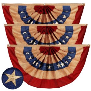 G128 - 3 Pack: USA Tea Stained Pleated Fan Flag 1.5x3FT Burlap Embroidered Polyester Stars and Stripes