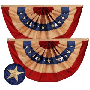 G128 - 2 Pack: USA Tea Stained Pleated Fan Flag 1.5x3FT Burlap Embroidered Polyester Stars and Stripes