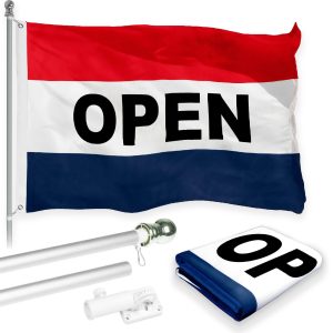 G128 Combo Pack: 5 Ft Tangle Free Aluminum Spinning Flagpole (Silver) & Open Flag 2x3 Ft, LiteWeave Pro Series Printed 150D Polyester | Pole with Flag Included
