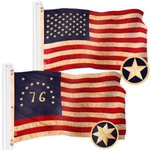 G128 Combo Pack: American USA Tea-Stained Flag 5x8 Ft & Bennington 76 Tea-Stained Flag 5x8 Ft | Both ToughWeave Pro Series Embroidered 420D Polyester, Embroidered Design, Brass Grommets