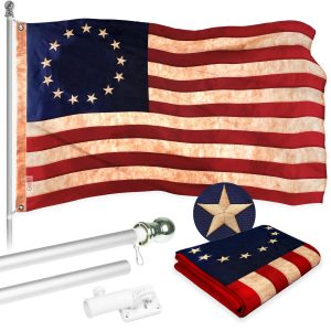 G128 Combo Pack: 5 Ft Tangle Free Aluminum Spinning Flagpole (Silver) & Betsy Ross Tea-Stained Flag 2.5x4 Ft, ToughWeave Pro Series Embroidered 420D Polyester | Pole with Flag Included