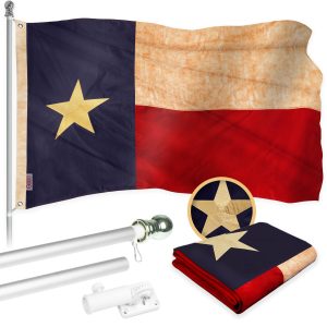 G128 Combo Pack: 5 Ft Tangle Free Aluminum Spinning Flagpole (Silver) & Texas Tea-Stained Flag 2.5x4 Ft, ToughWeave Pro Series Embroidered 420D Polyester | Pole with Flag Included