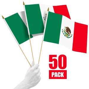 G128 50 Pack Handheld Mexico Mexican Stick Flags | 12x18 In | Printed 150D Polyester, Country Flag, Solid Wooden Stick, Spear Gold Tip