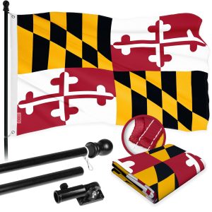 G128 Combo Pack: 6 Ft Tangle Free Aluminum Spinning Flagpole (Black) & Maryland MD State Flag 3x5 Ft, ToughWeave Series Embroidered 300D Polyester | Pole with Flag Included