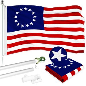 G128 Combo Pack: 5 Ft Tangle Free Aluminum Spinning Flagpole (Silver) & Betsy Ross Flag 2.5x4 Ft, ToughWeave Series Embroidered 300D Polyester | Pole with Flag Included