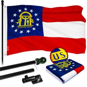 G128 Combo Pack: 5 Ft Tangle Free Aluminum Spinning Flagpole (Black) & Georgia GA State Flag 2.5x4 Ft, ToughWeave Series Embroidered 300D Polyester | Pole with Flag Included