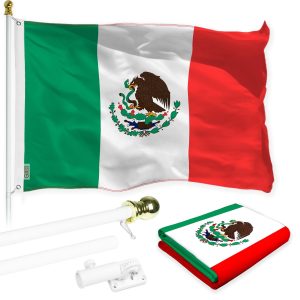 G128 Combo Pack: 6 Feet Tangle Free Spinning Flagpole (White) Mexico Mexican Flag 3x5 ft Printed 150D Brass Grommets (Flag Included) Aluminum Flag Pole