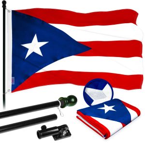 G128 Combo Pack: 5 Ft Tangle Free Aluminum Spinning Flagpole (Black) & Puerto Rico Puerto Rican Flag 2.5x4 Ft, ToughWeave Series Embroidered 300D Polyester | Pole with Flag Included