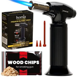 Butane Torch  Refillable Kitchen Torch Lighter Adjustable Flame for Smokers Smoking Guns with Wood Chips bag icnluded  Fit All Butane Tanks with Adapters included  (Butane Gas Is Not Included)