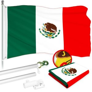 G128 Combo Pack: 5 Ft Tangle Free Aluminum Spinning Flagpole (Silver) & Mexico Mexican Flag 2x3 Ft, ToughWeave Series Embroidered 300D Polyester | Pole with Flag Included