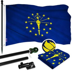 G128 Combo Pack: 5 Ft Tangle Free Aluminum Spinning Flagpole (Black) & Indiana IN State Flag 2.5x4 Ft, ToughWeave Series Embroidered 300D Polyester | Pole with Flag Included