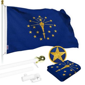 G128 Combo Pack: 6 Ft Tangle Free Spinning Flagpole (White) & Indiana Flag 3x5 Ft Embroidered 220GSM Spun Polyester, Brass Grommets (Flag Included) Aluminum Flag Pole