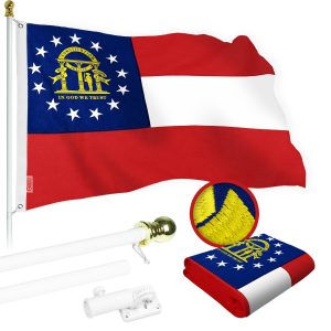G128 Combo Pack: 5 Ft Tangle Free Spinning Flagpole (White) & Georgia Flag 2.5x4 Ft Embroidered 220GSM Spun Polyester, Brass Grommets (Flag Included) Aluminum Flag Pole