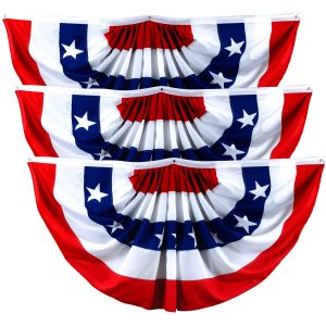 – 3 Pack: USA Pleated Fan Flag 1.5x3 Feet American USA Bunting Decoration Flags PRINTED 150D Patriotic Stars and Stripes with Canvas Header and Brass Grommets