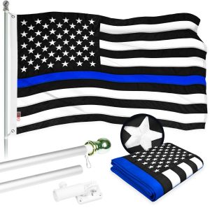 G128 - 6 Feet Tangle Free Spinning Flagpole (Silver) Thin Blue Flag Brass Grommets Embroidered 3x5 ft (Flag Included) Aluminum Flag Pole