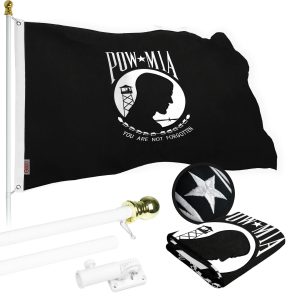 G128 Flag Pole 5 FT White Tangle Free & POW MIA Flag Emb 2x3 FT Combo Embroidered Spun Polyester
