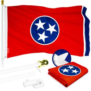 G128 Combo Pack: 5 Ft Tangle Free Aluminum Spinning Flagpole (White) & Tennessee TN State Flag 2x3 Ft, ToughWeave Series Embroidered 300D Polyester | Pole with Flag Included