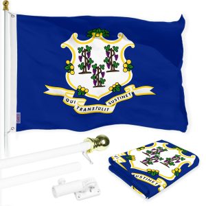 G128 Combo Pack: 6 Ft Tangle Free Spinning Flagpole (White) & Connecticut Flag 3x5 Ft Printed 150D Polyester, Brass Grommets (Flag Included) Aluminum Flag Pole