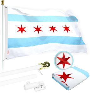 G128 Flag Pole 5 FT White Tangle Free & Chicago Flag 2.5x4 FT Combo Embroidered Spun Polyester