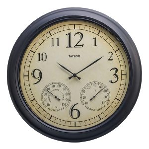 Taylor Precision Products 92728T 18.5-In. Bronze Analog Quartz Time/Temp/Hygrometer Outdoor Round Clock, Battery Operated, UV/Fade-Resistant, Metal